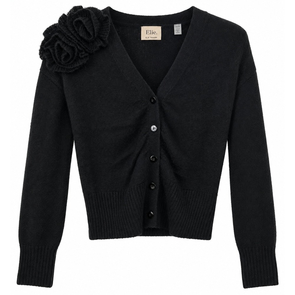 Elie Tahari NWT Floral Applique Cardigan Sweater Black XS